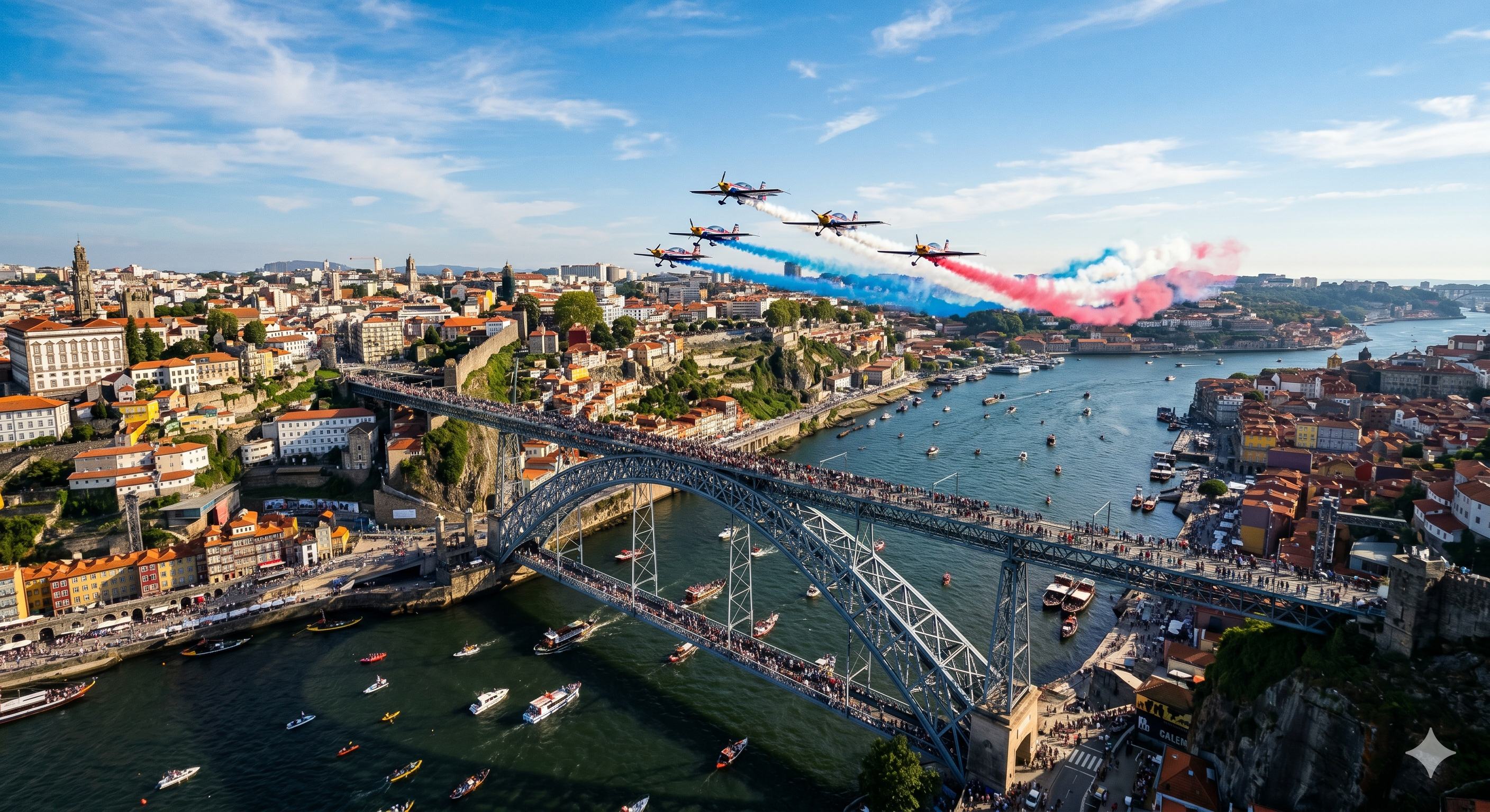 Aviones en formación sobre el río Duero y el puente Dom Luís I — Air Invictus Oporto 2026
