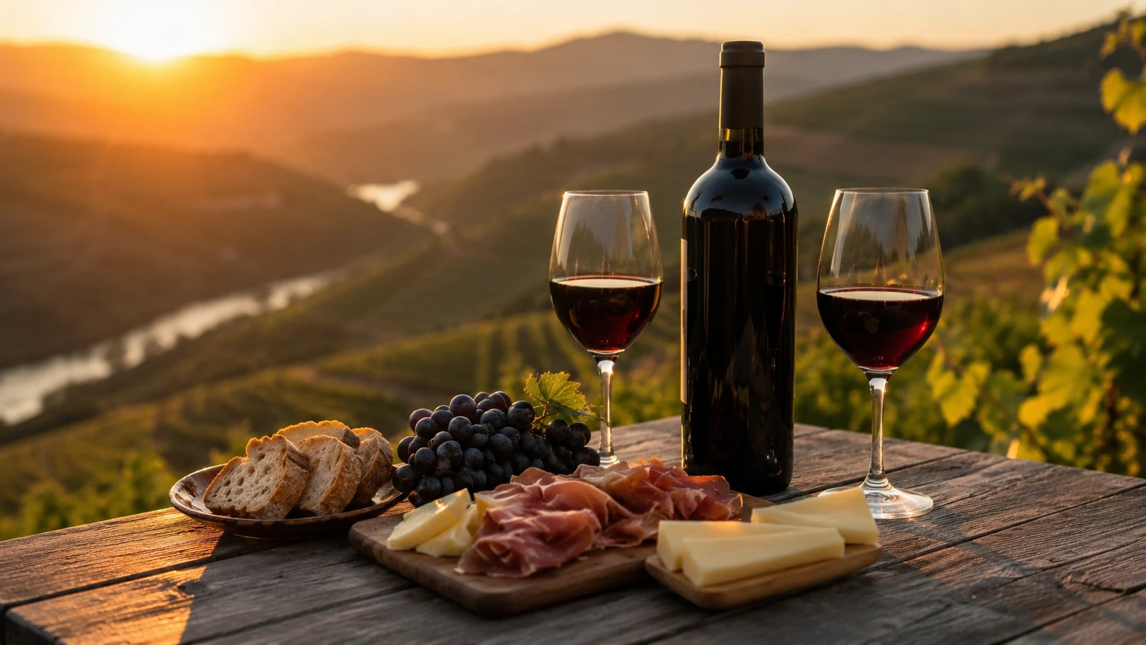 Vinho do Douro acompanhado por pão, queijo e enchidos ao pôr do sol
