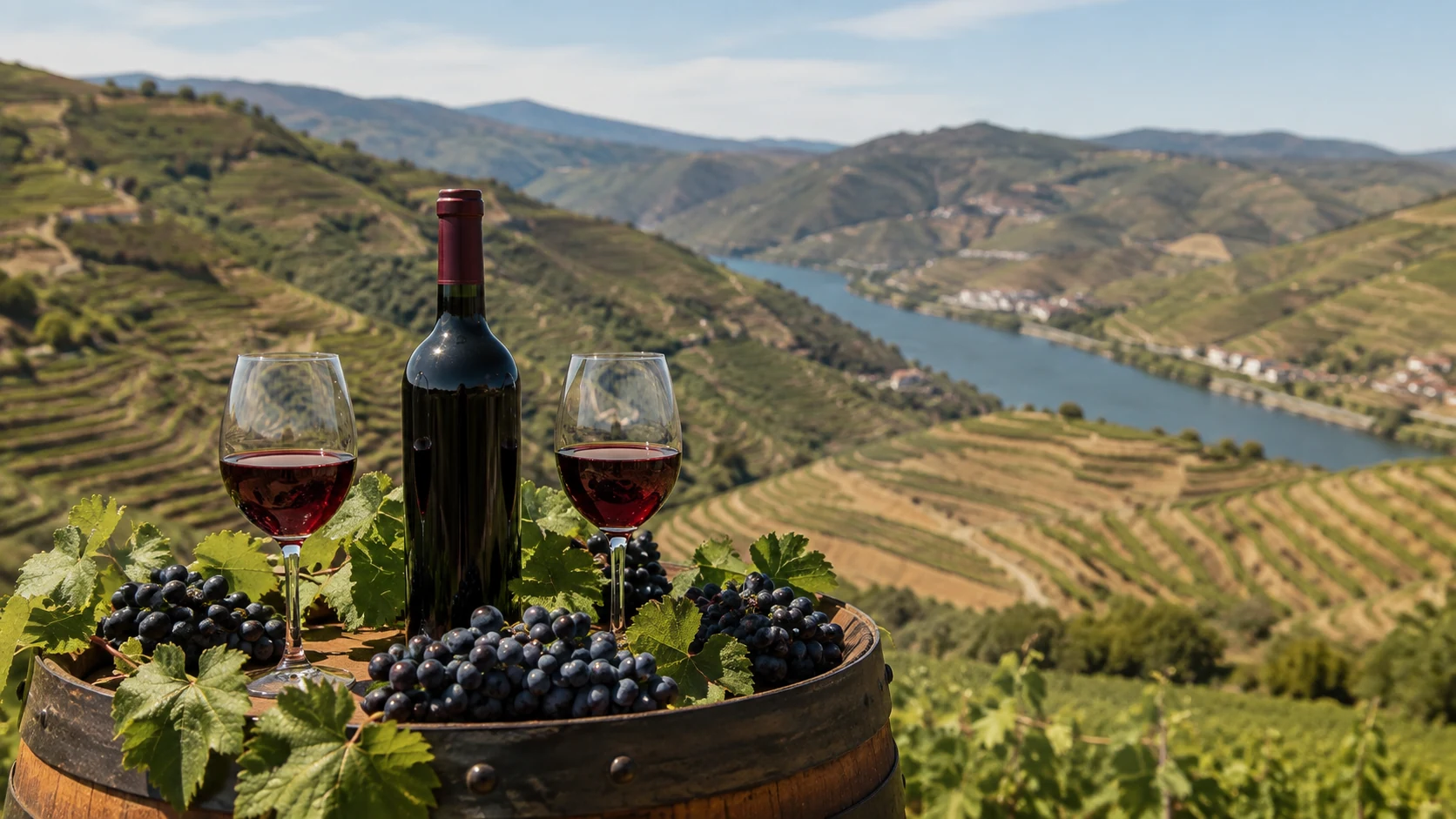 Vinho, uvas e vinhas em socalcos sobre o Vale do Douro