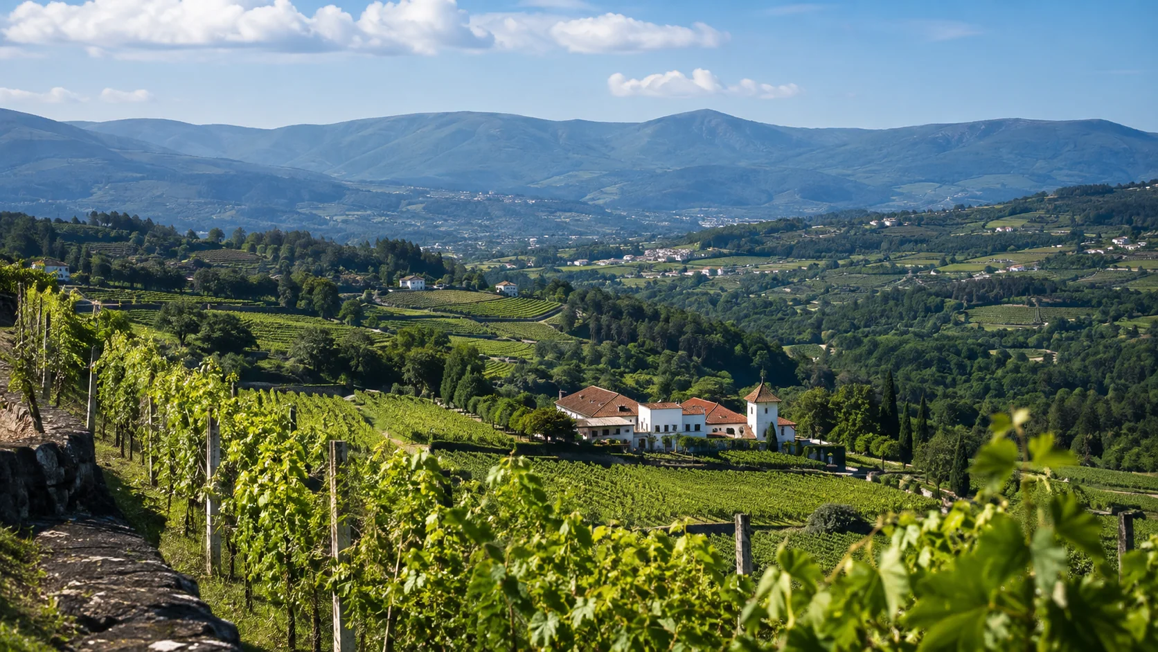 Paisagem verde do Minho com vinhas, vale e montanhas