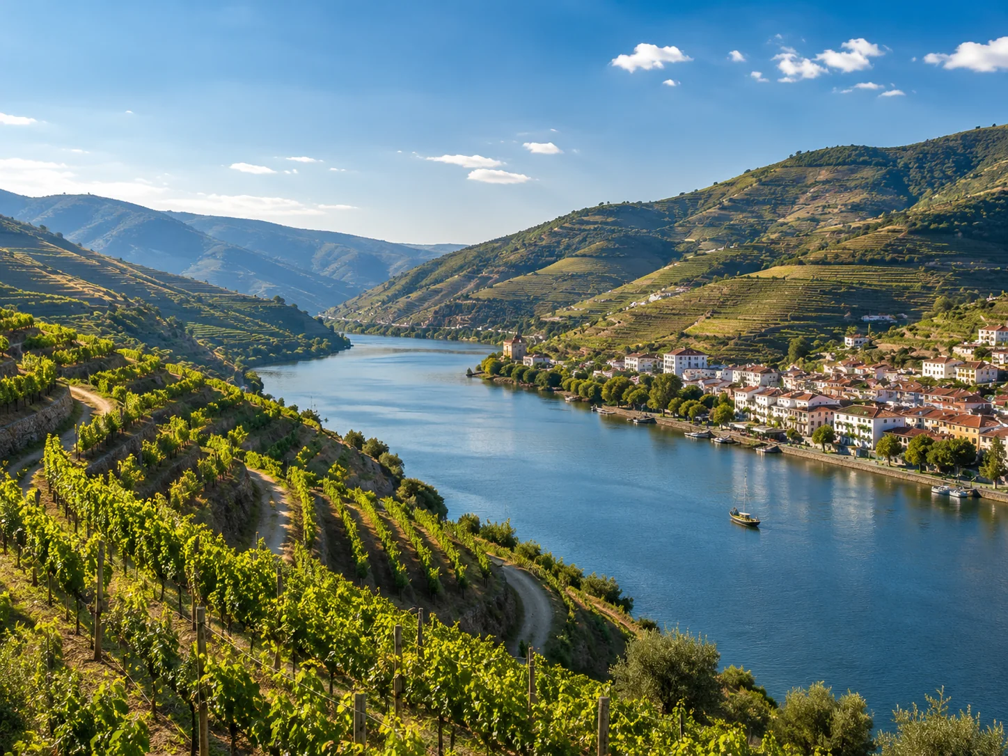 Vale do Douro com rio, vinhas em socalcos e povoação ribeirinha