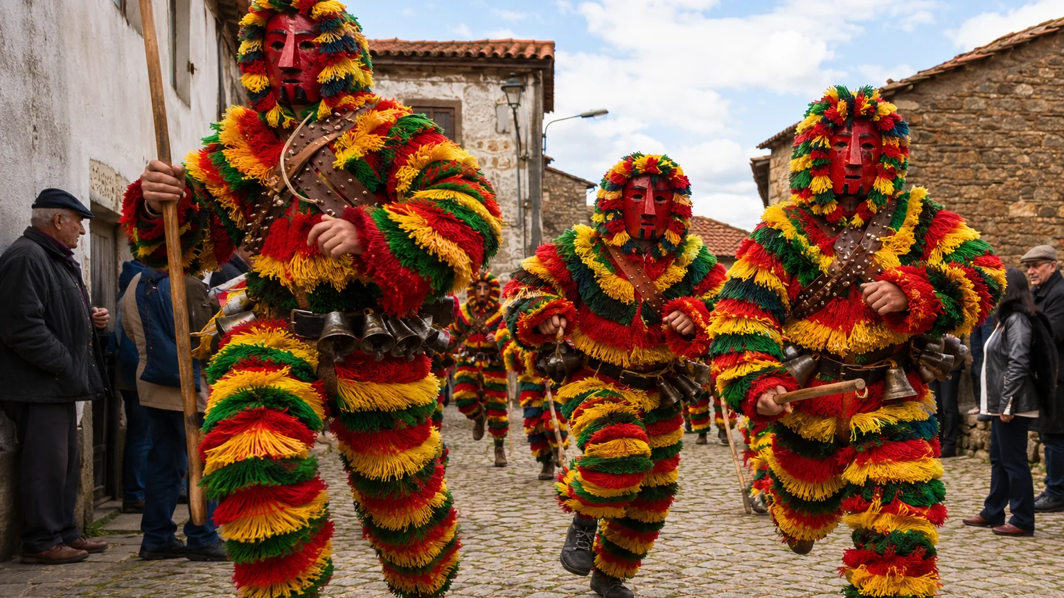Caretos de Podence em celebração tradicional numa aldeia de Trás-os-Montes