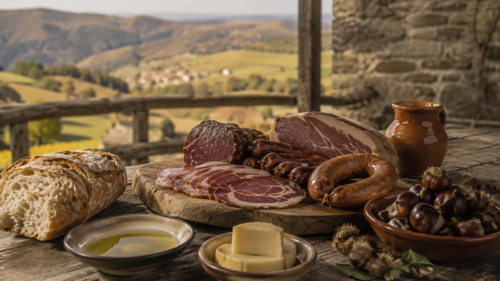 Gastronomia tradicional transmontana com fumeiro, pão, queijo, azeite e castanhas