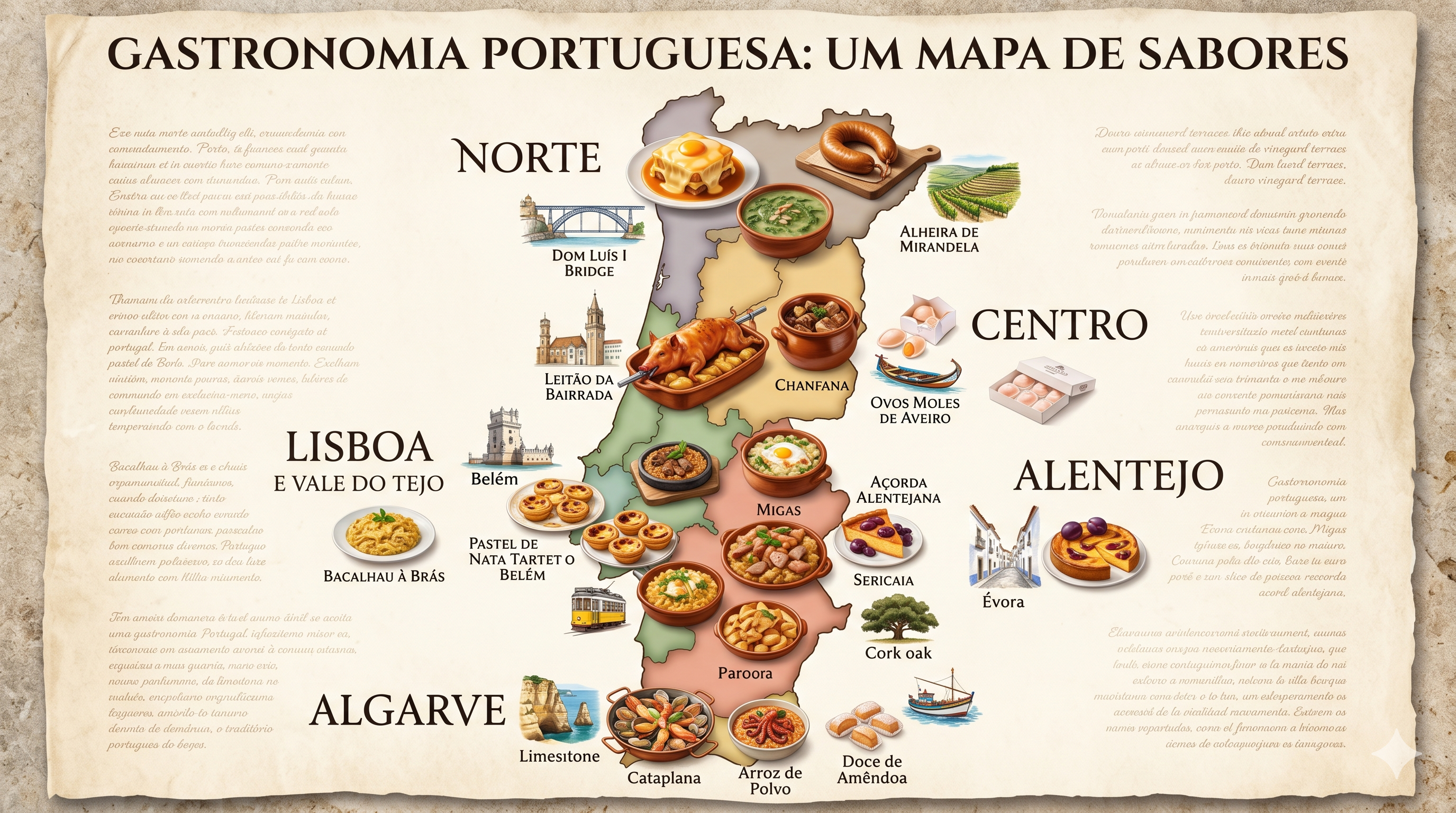 Mapa gastronómico de Portugal com pratos típicos por região