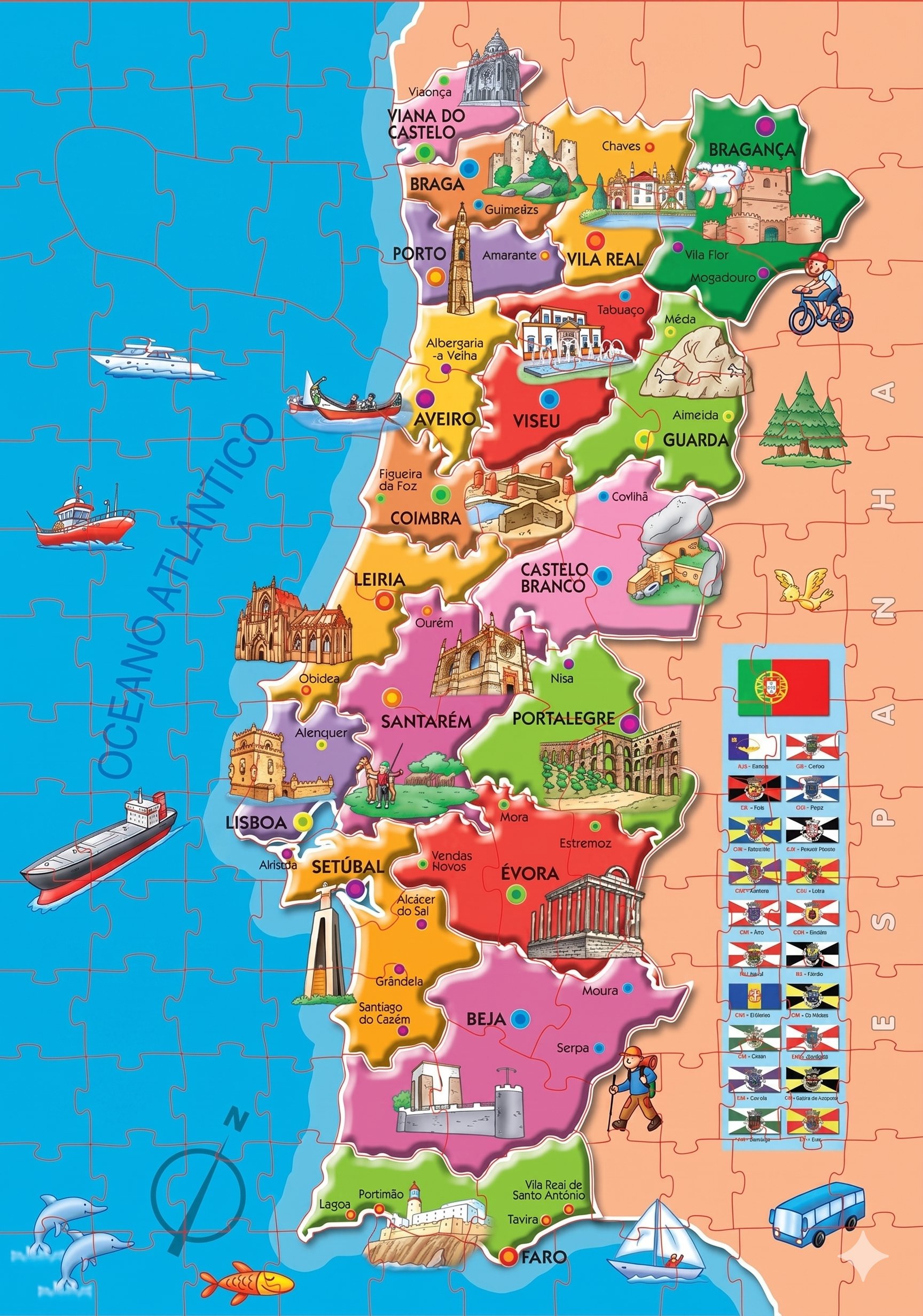 Mapa de Portugal Continental com os 18 distritos