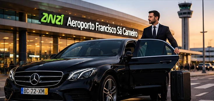 Conductor profesional junto a un vehículo ejecutivo en el Aeropuerto de Oporto